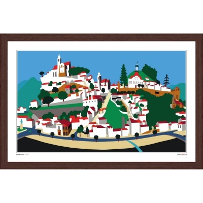 Ilustração emoldurada de vila com casas, igrejas e árvores