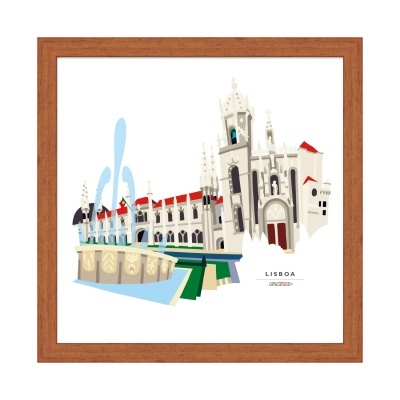 Ilustração de Lisboa com arquitetura e fonte em moldura de madeira