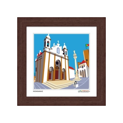 Gravura colorida de edifício religioso em moldura de madeira escura