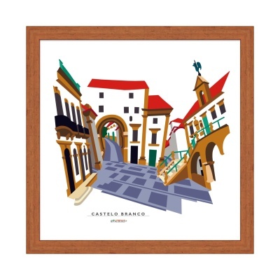 Arte digital de rua e prédios coloridos em moldura de madeira com texto Castelo Branco