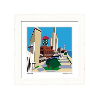 Quadro decorativo com imagem estilizada de edifícios e caminho com árvores e texto CASINO