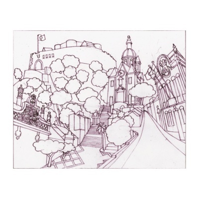 Desenho a preto e branco de uma paisagem urbana com edifícios, árvores e escadaria