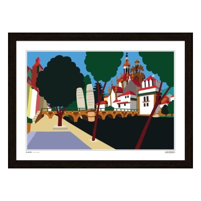 Ilustração digital colorida da Ponte de Trajano em Chaves com árvores, casas e ponte em cores vivas, numa moldura de madeira escura.