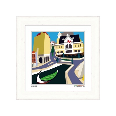 Quadro com ilustração colorida de Aveiro e texto