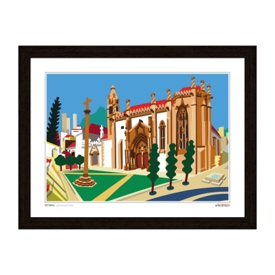 Ilustração digital de edifício histórico gótico em moldura preta