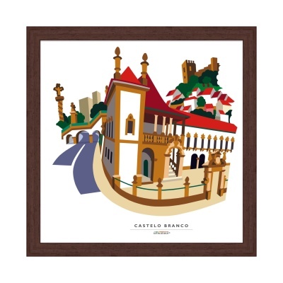 Ilustração colorida do Castelo Branco em quadro de madeira.