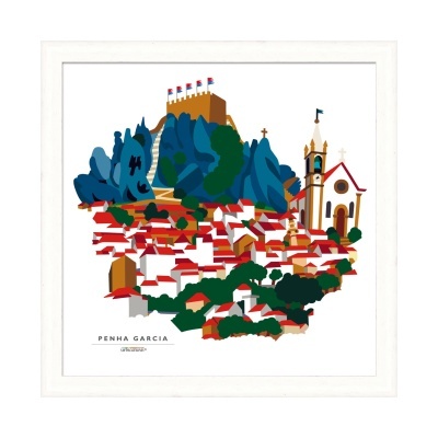 Ilustração colorida de Penha Garcia com castelo, casas e igreja