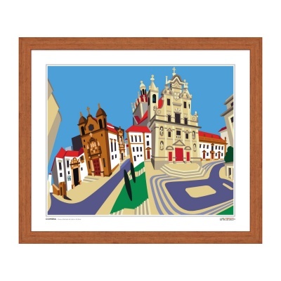 Quadro ilustrativo de praça com edifícios históricos coloridos