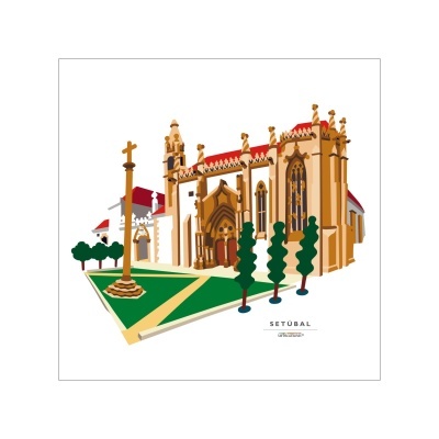 Ilustração de monumento arquitetónico em Setúbal com árvores e caminhos