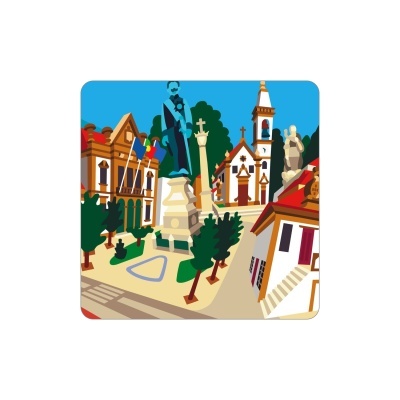 Ilustração de praça urbana com estátua, igreja e árvores