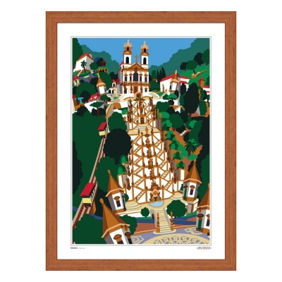 Ilustração colorida de escadaria monumental com estruturas de madeira e edifícios ao redor em moldura de madeira