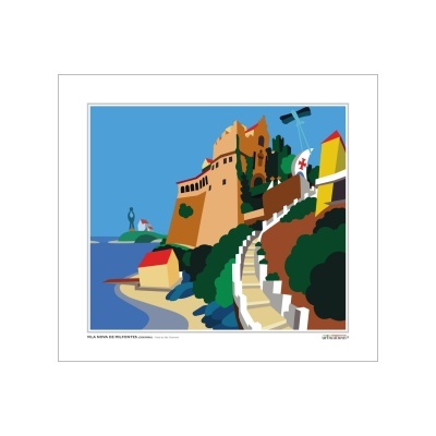 Ilustração de paisagem costeira com castelo e mar