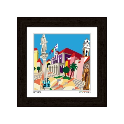 Quadro decorativo com imagem da praça em Setúbal numa moldura escura
