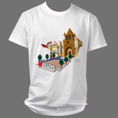 T-shirt branca com desenho colorido de edifício e texto ELVAS