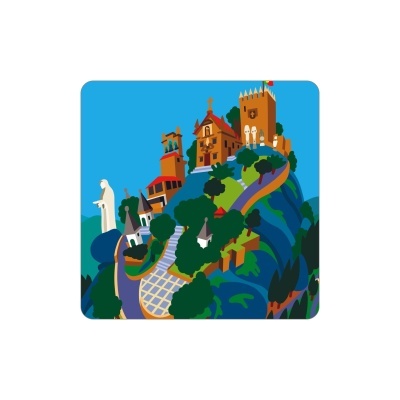 Ilustração estilizada de uma cidade numa colina com edifícios e árvores