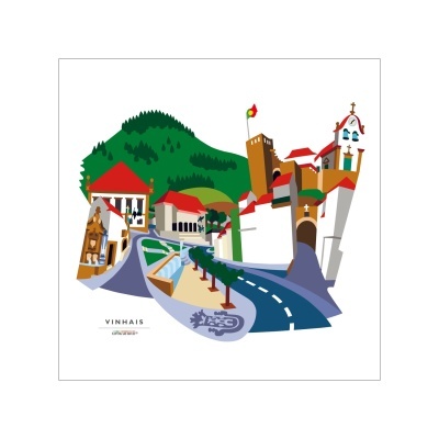 Ilustração estilizada de Vinhais com estrada e edifícios coloridos