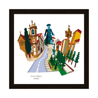 Quadro ilustrativo de Vila Real com edifícios, estátua, árvores e estrada