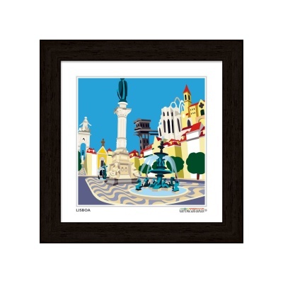 Ilustração da Praça do Rossio em Lisboa em quadro com moldura preta