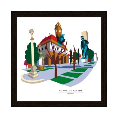 Ilustração estilizada de edifícios, estátuas e árvores em Póvoa de Varzim com texto na base