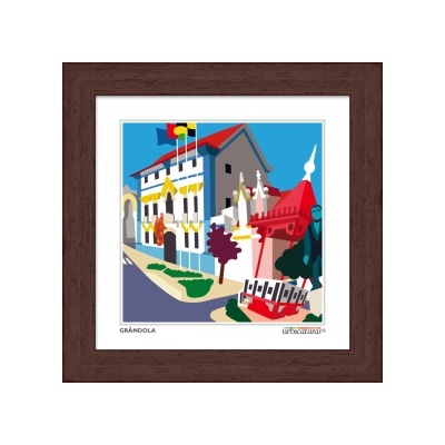 Quadro com imagem colorida estilizada de edifício urbano e texto 'GRÁNDOLA'.