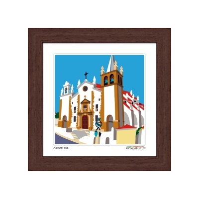 Moldura de madeira com ilustração colorida da igreja em Abrantes