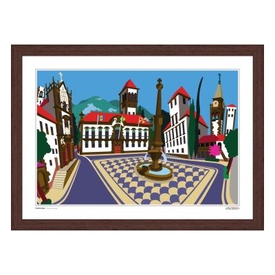 Ilustração de praça urbana com fonte, edifícios e calçada geométrica em quadro com moldura de madeira.