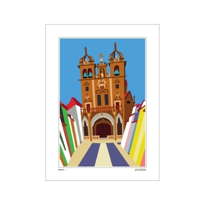 Ilustração gráfica colorida de uma catedral com duas torres e edifícios coloridos ao redor