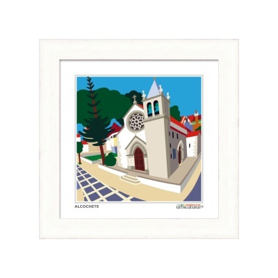 Quadro decorativo com gravura de igreja em Alcochete em estilo digital colorido
