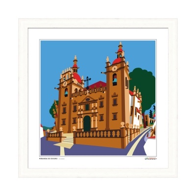 Ilustração digital de edifício clássico com torres e relógio em moldura branca