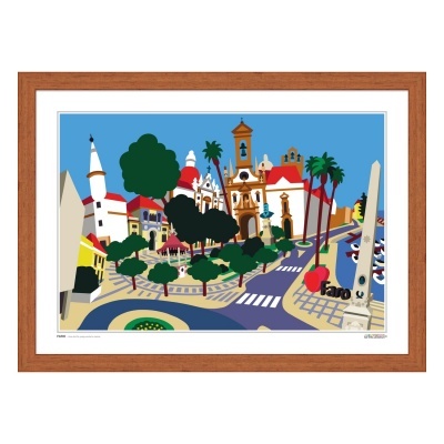Ilustração colorida de praça urbana com igreja, árvores e texto 'I ♥ FARO', emoldurada com moldura de madeira