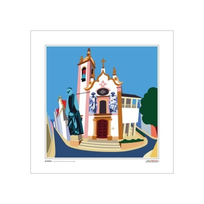 Ilustração digital colorida de uma igreja branca com decoração azul e figura humana estilizada em primeiro plano