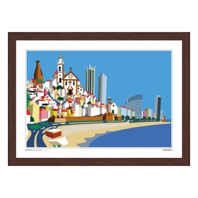 Quadro ilustrativo de cidade costeira com praia e edifícios diversos