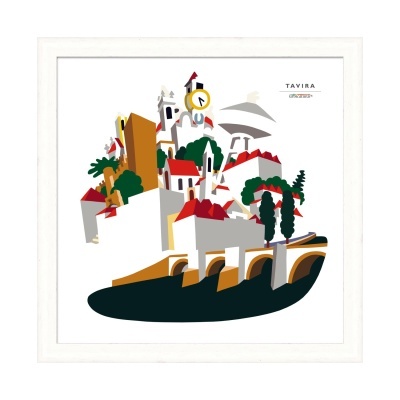 Ilustração estilizada da cidade de Tavira com edifícios brancos e telhados vermelhos