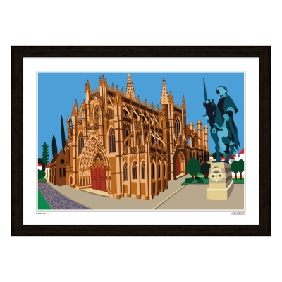 Quadro ilustrativo de uma catedral gótica castanha com uma estátua azul de cavaleiro ao lado, com moldura preta