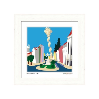 Quadro ilustrativo de praça em Figueira da Foz com moldura branca