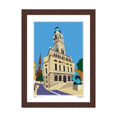 quadro emoldurado com ilustração estilizada de edifício histórico com torre e estátua