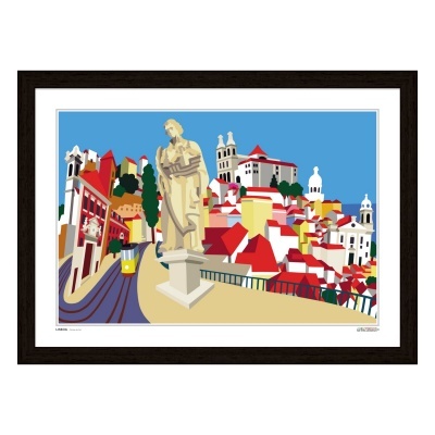 Ilustração digital de uma cidade com casario colorido, estátua e bonde em moldura preta