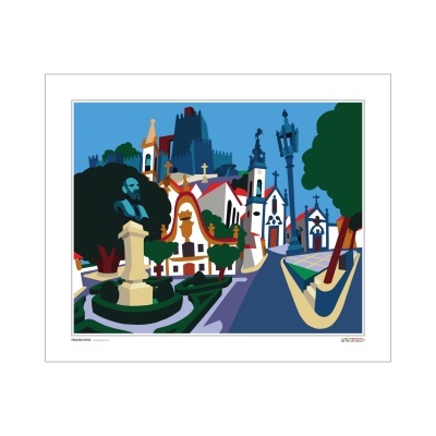 Ilustração de praça colorida com estátua, igrejas e árvores