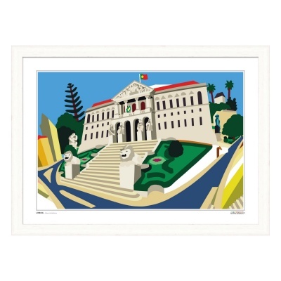 Ilustração de edifício histórico com bandeira de Portugal e escadaria