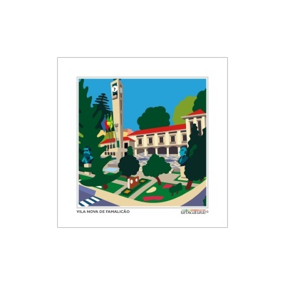 Ilustração colorida do centro de Vila Nova de Famalicão com edifício, torre e jardim