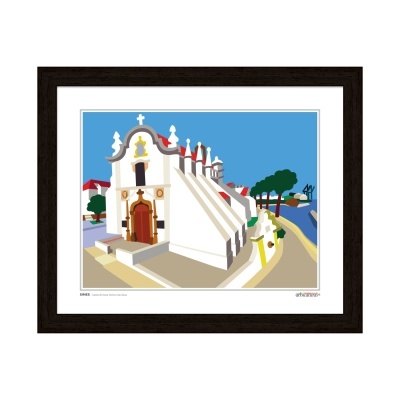 Ilustração de uma capela branca com portas castanhas e moldura preta