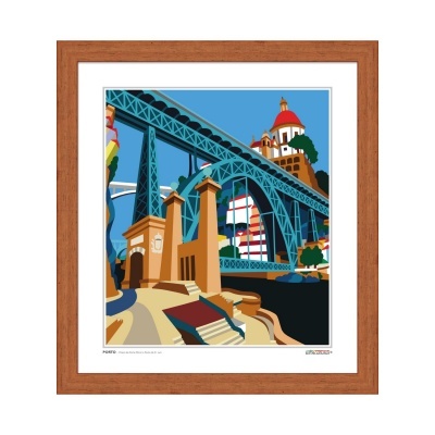 Gravura colorida de ponte e edifícios emoldurada em madeira
