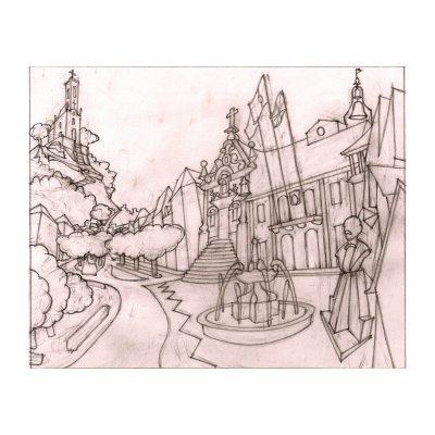 Desenho a lápis de paisagem urbana com edifícios históricos, fonte e escultura humana