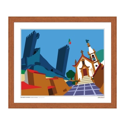 Quadro ilustrativo de castelo e capela com moldura de madeira