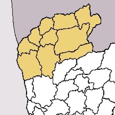 Mapa político com regiões a amarelo e branco delineadas a preto