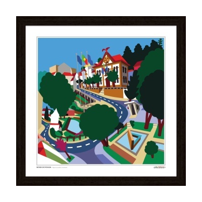 Ilustração colorida de edifício com bandeiras e árvores numa moldura preta