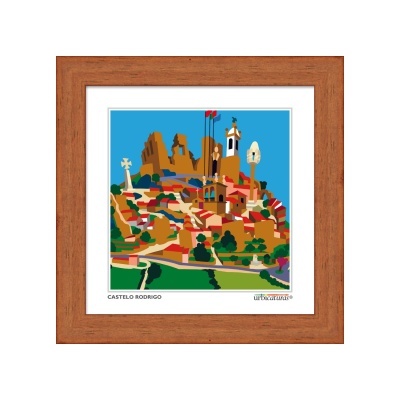 Ilustração colorida de Castelo Rodrigo em moldura de madeira