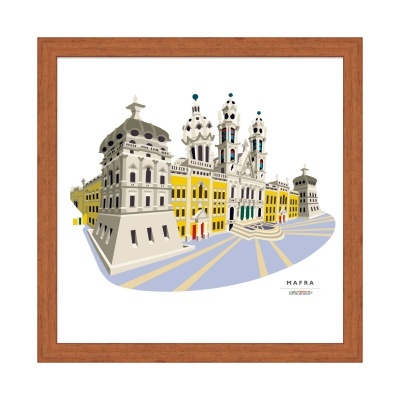 Ilustração digital colorida de edifícios históricos em Mafra com moldura de madeira