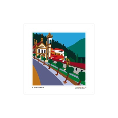 Ilustração gráfica colorida de uma paisagem urbana em Alpendorada com igreja e árvores