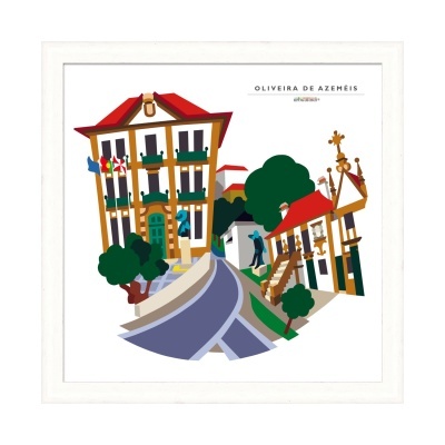 Ilustração digital colorida de edifícios tradicionais em Oliveira de Azeméis